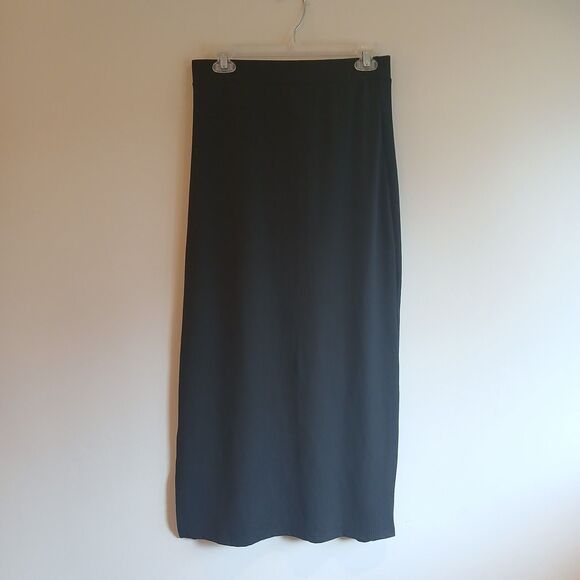 SheIn Black Maxi Skirt Large Pull On Mid Rise Ribbed Slit Casual Goth - Picture 1 of 10
